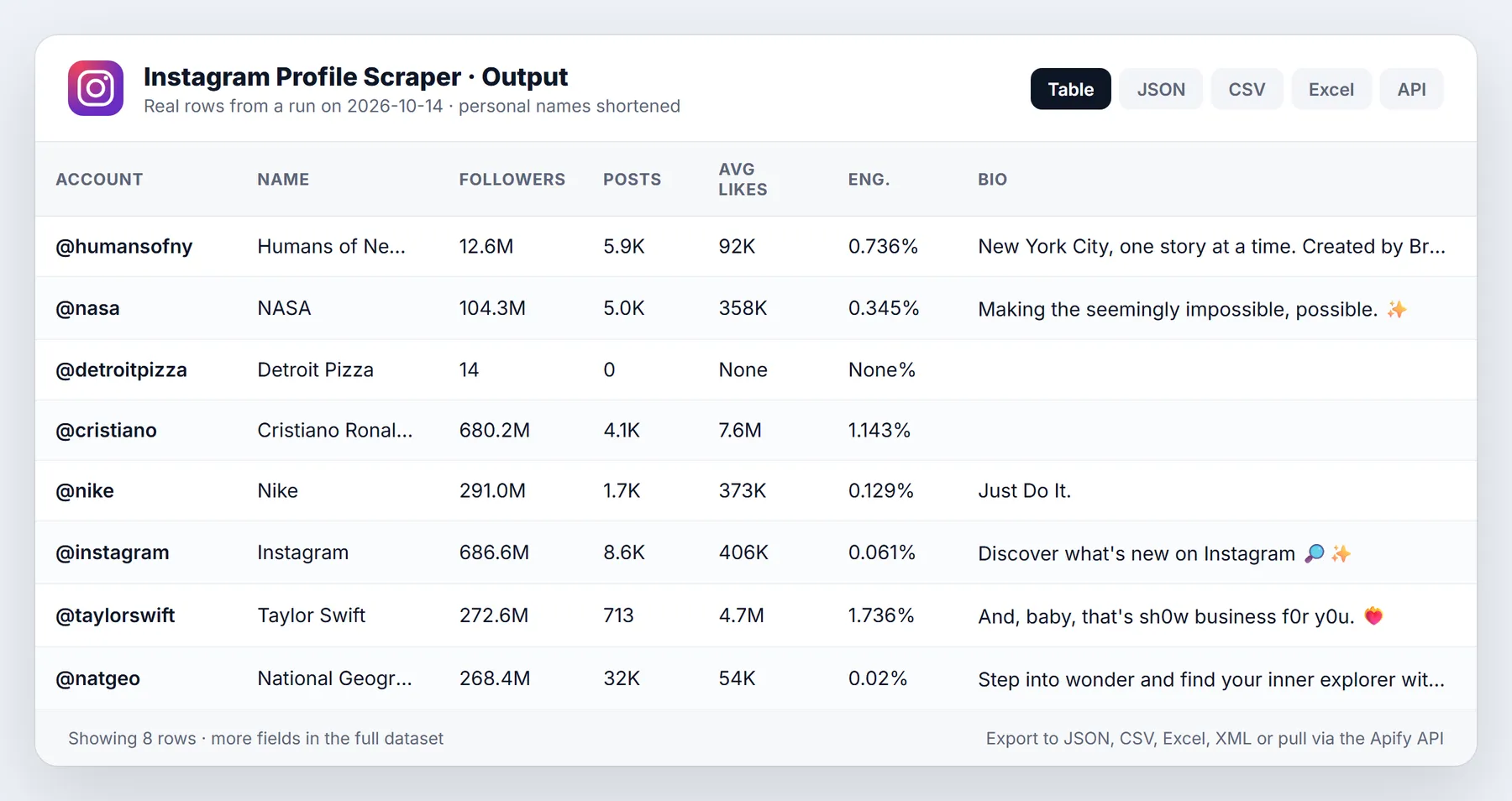Instagram Profile Scraper sample output table from a real run