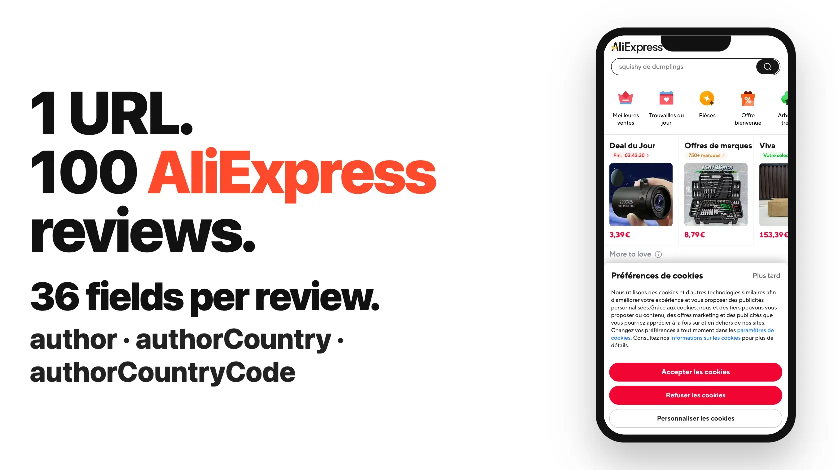 1 URL. 100 AliExpress reviews. 36 fields per review.