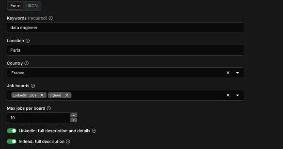 The Actor's input form in Apify Console: keywords, location, country, job boards, max jobs per board and the description switches