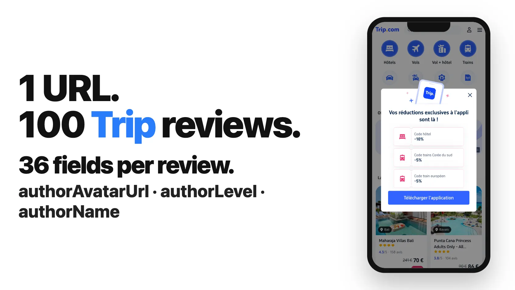 1 URL. 100 Trip reviews. 36 fields per review.