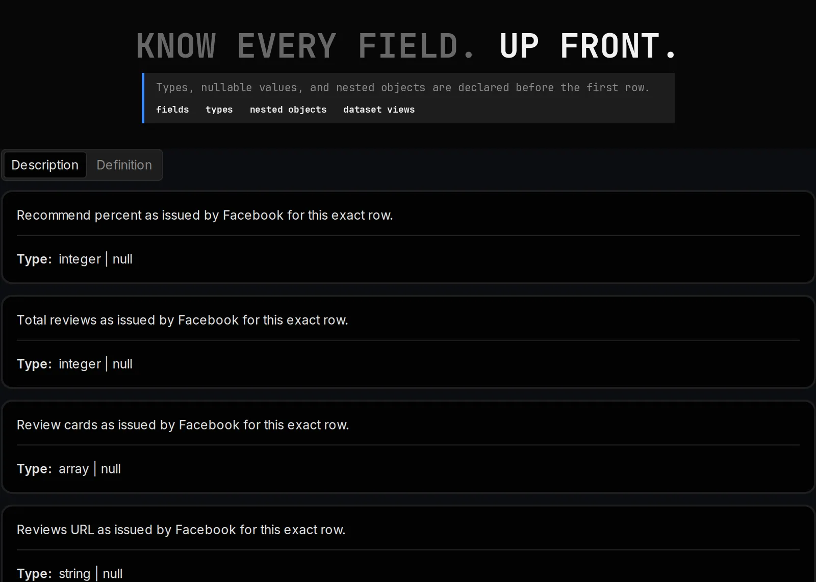 Facebook Review Scraper declared output schema