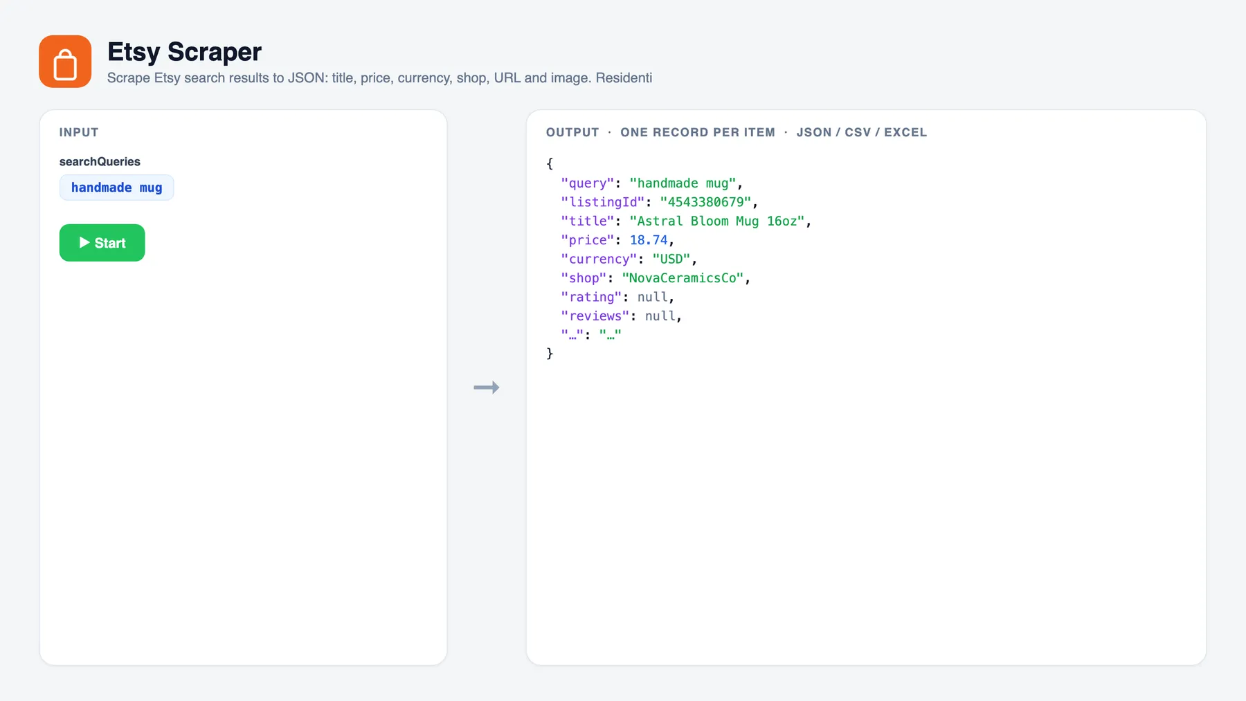 Etsy Scraper — input and sample output