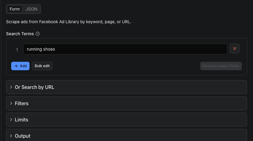 Facebook Ads Scraper input form with the search term "running shoes"
