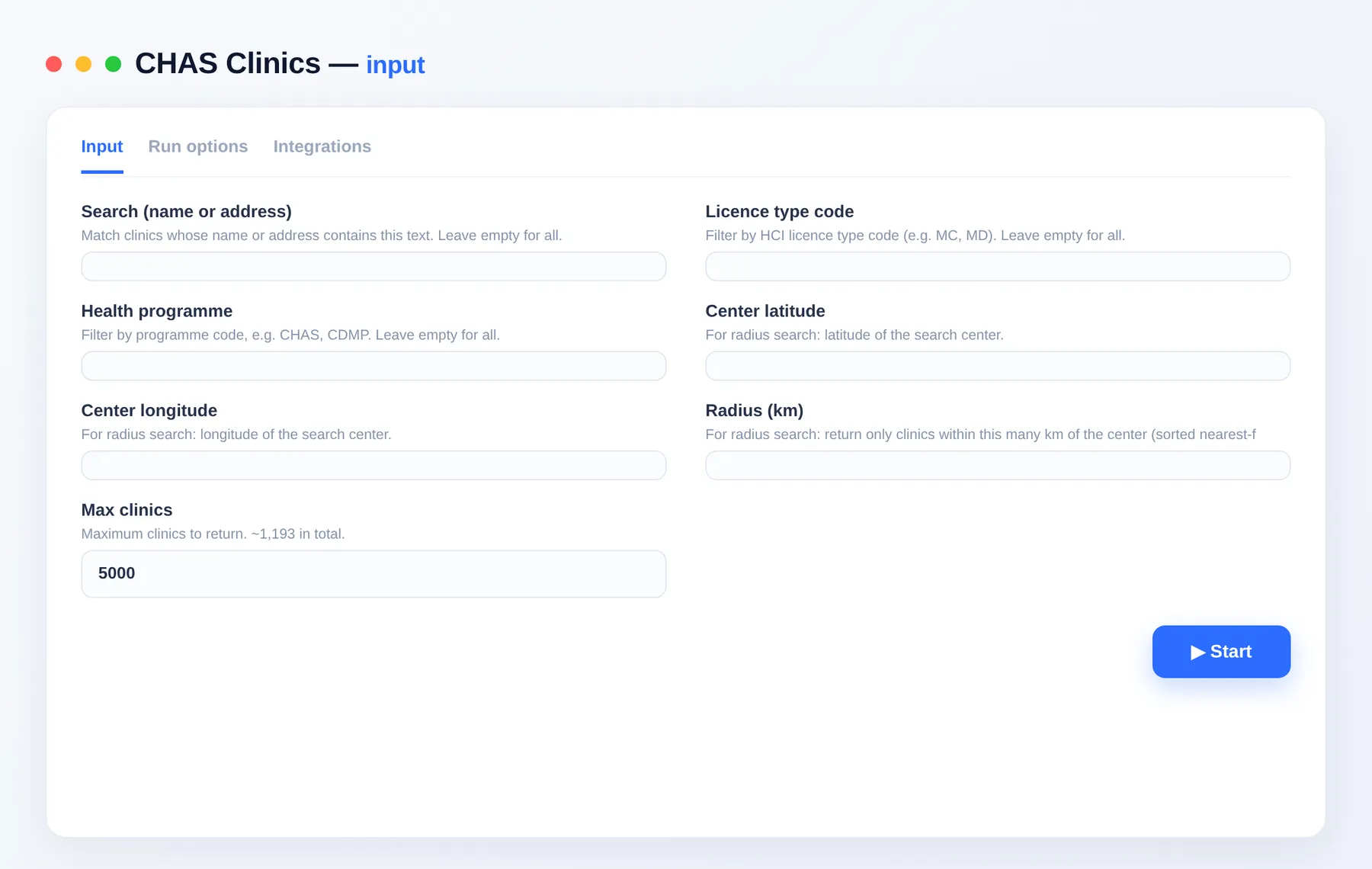 Singapore CHAS Clinics Scraper input — query, programme and radius filters in the Apify Console