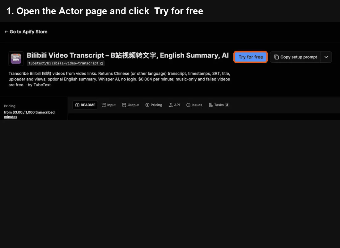 Bilibili Video Transcript quick start: click Try for free, paste your input, click Start, export to Excel