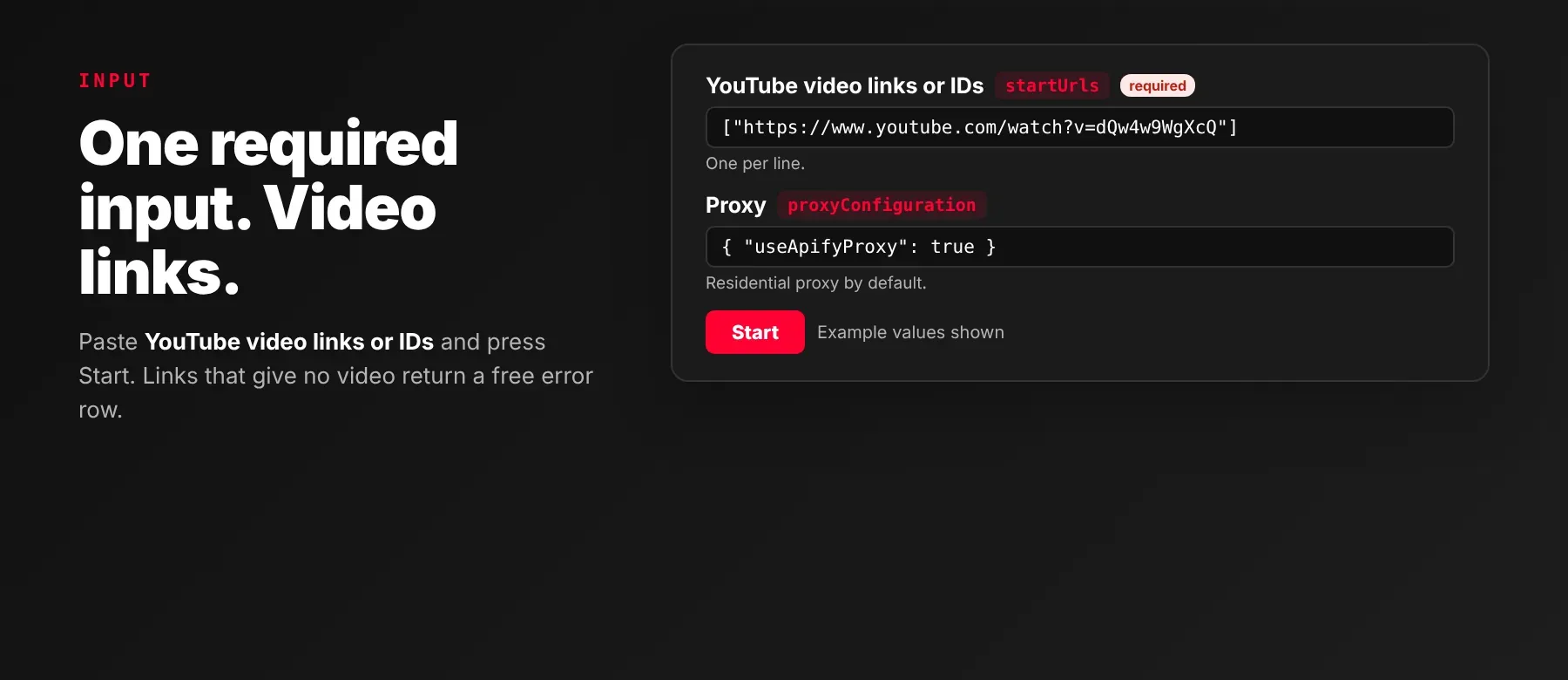 Input fields of the YouTube Video Details Scraper
