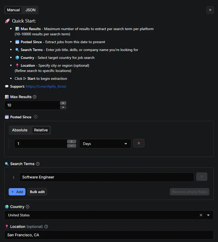 All Jobs Scraper Input Interface - Configure multi-platform job search: select max results, posted since date, country, location, and search terms