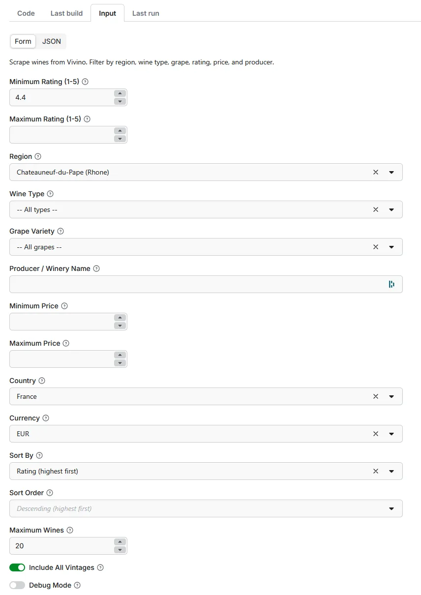 Vivino Scraper Input Interface