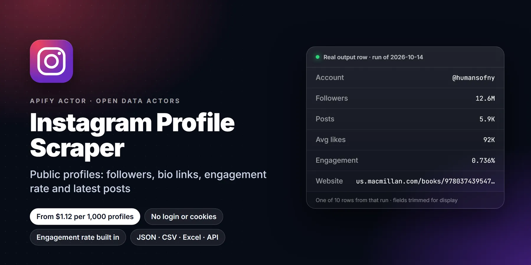 Instagram Profile Scraper: features, price and a real output row