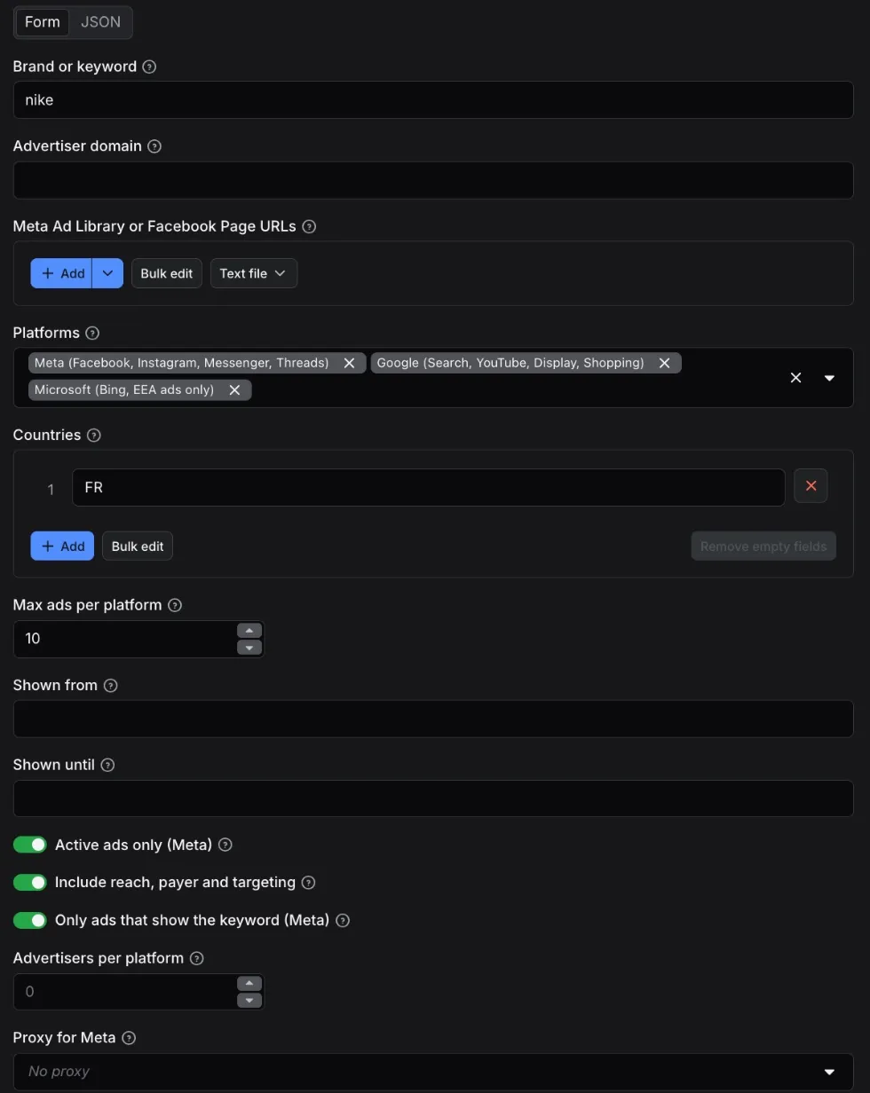 The Actor's input form in Apify Console: brand or keyword, advertiser domain, Meta Ad Library or Facebook Page URLs, platforms, countries, max ads per platform, dates, and the switches for active ads, reach details and keyword matching