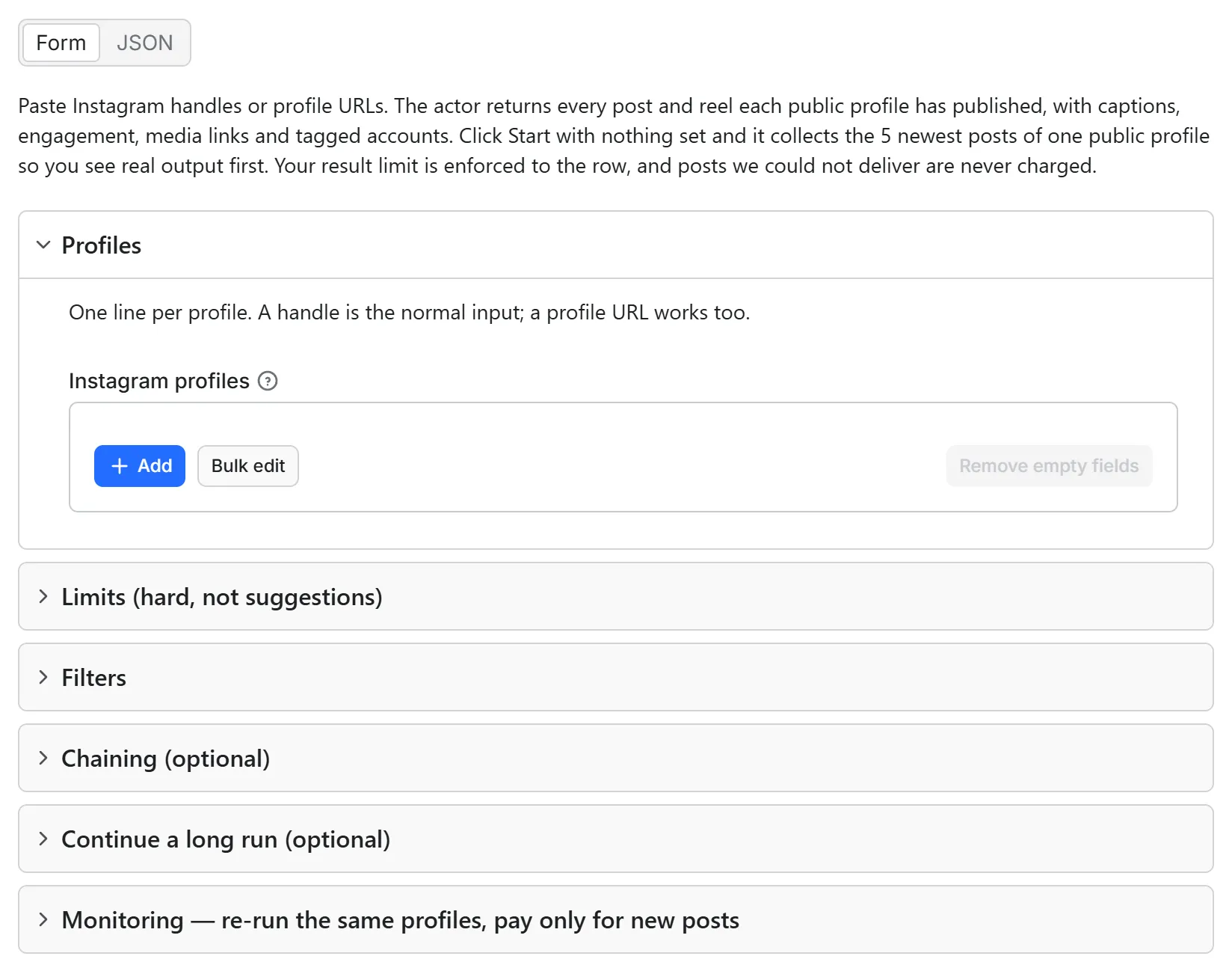 Instagram Profile Posts Scraper input form in the Apify console: the Instagram profiles list, with the limits, filters, chaining and monitoring sections below it