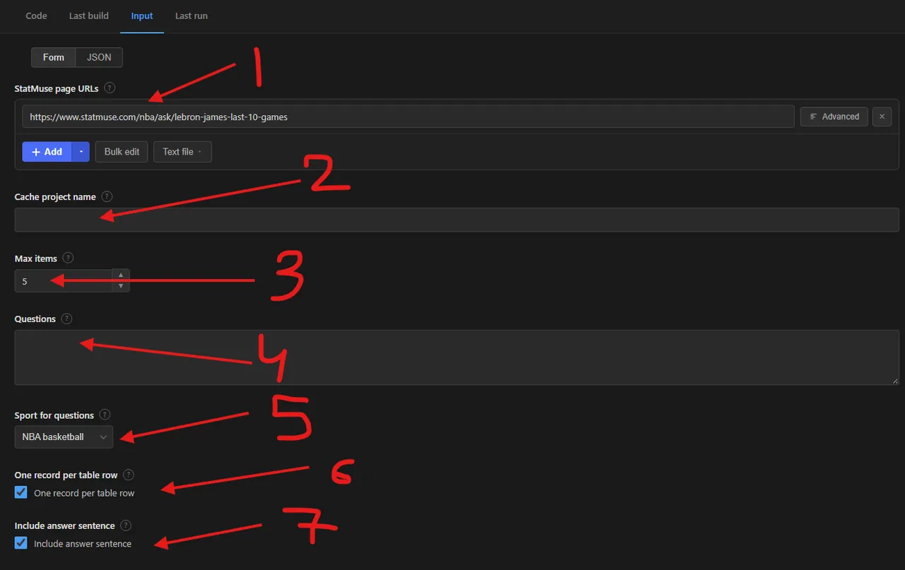 StatMuse scraper input form with page URLs, cache project name, max items, questions, sport, one record per table row and include answer sentence fields marked 1 to 7
