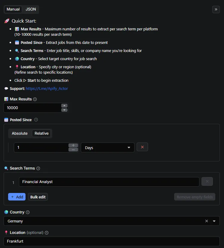 LinkedIn Scraper Input Interface - Configure LinkedIn job search: select max results, posted since date, country, location, and search terms