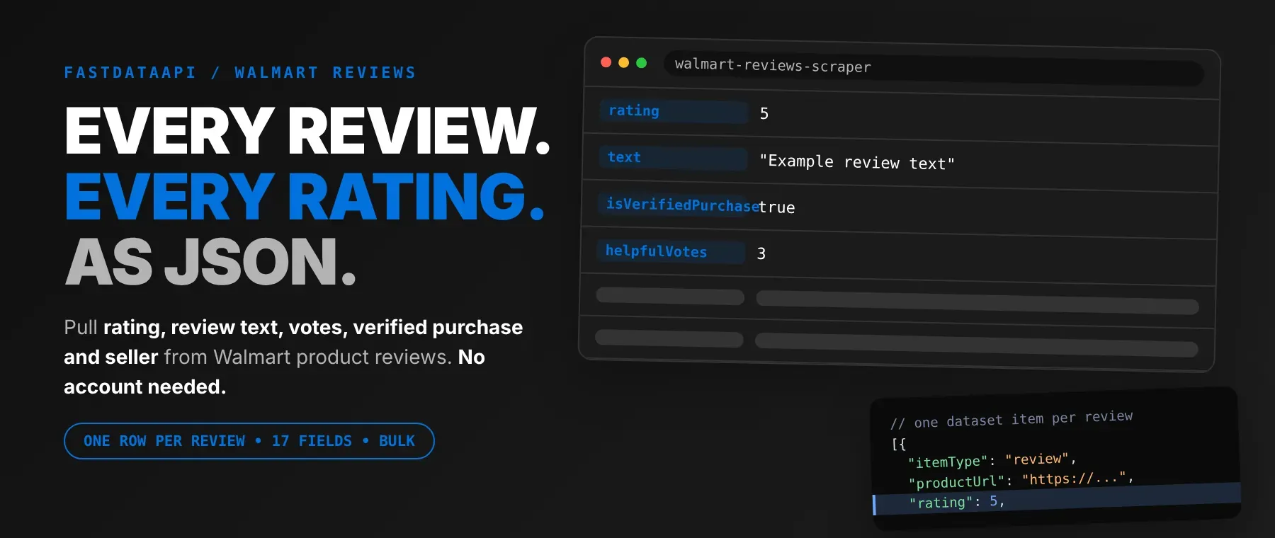 Walmart Reviews Scraper output: rating, review text, verified purchase and seller as JSON