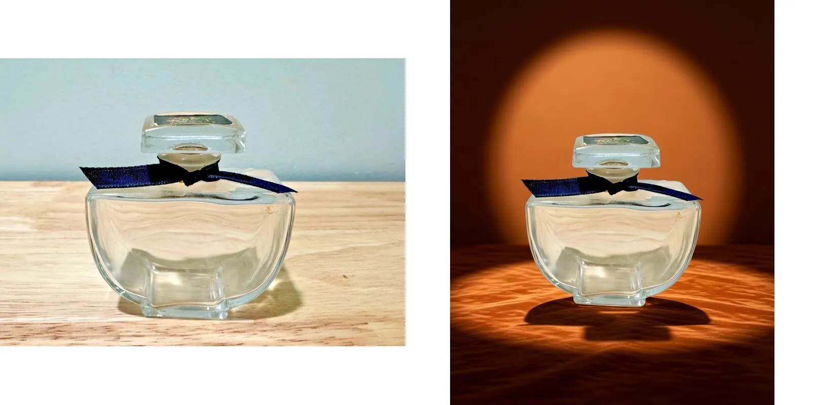 AI scene around a perfume bottle — original photo and result