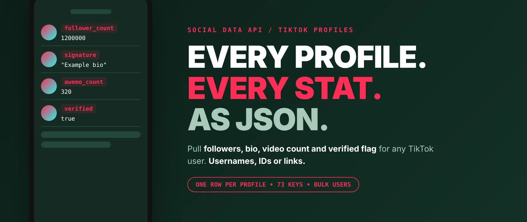 TikTok User Profile Scraper returns followers, bio, video count and verified flag for TikTok users as JSON