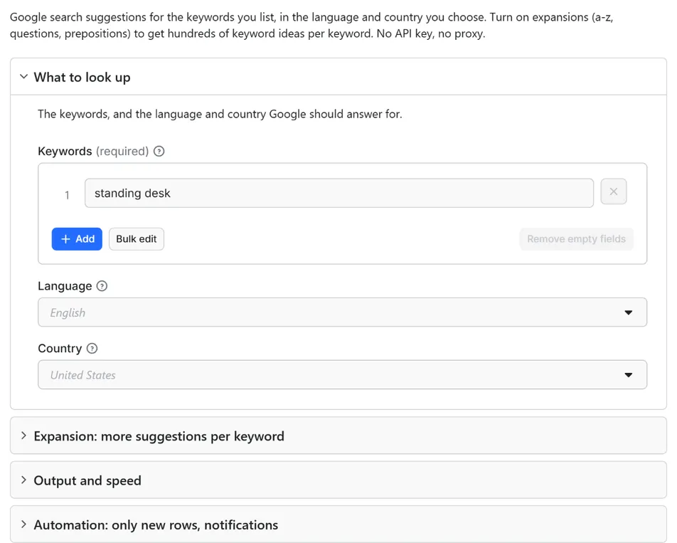 Input form of Google Autocomplete Suggestions Scraper – Keyword Ideas