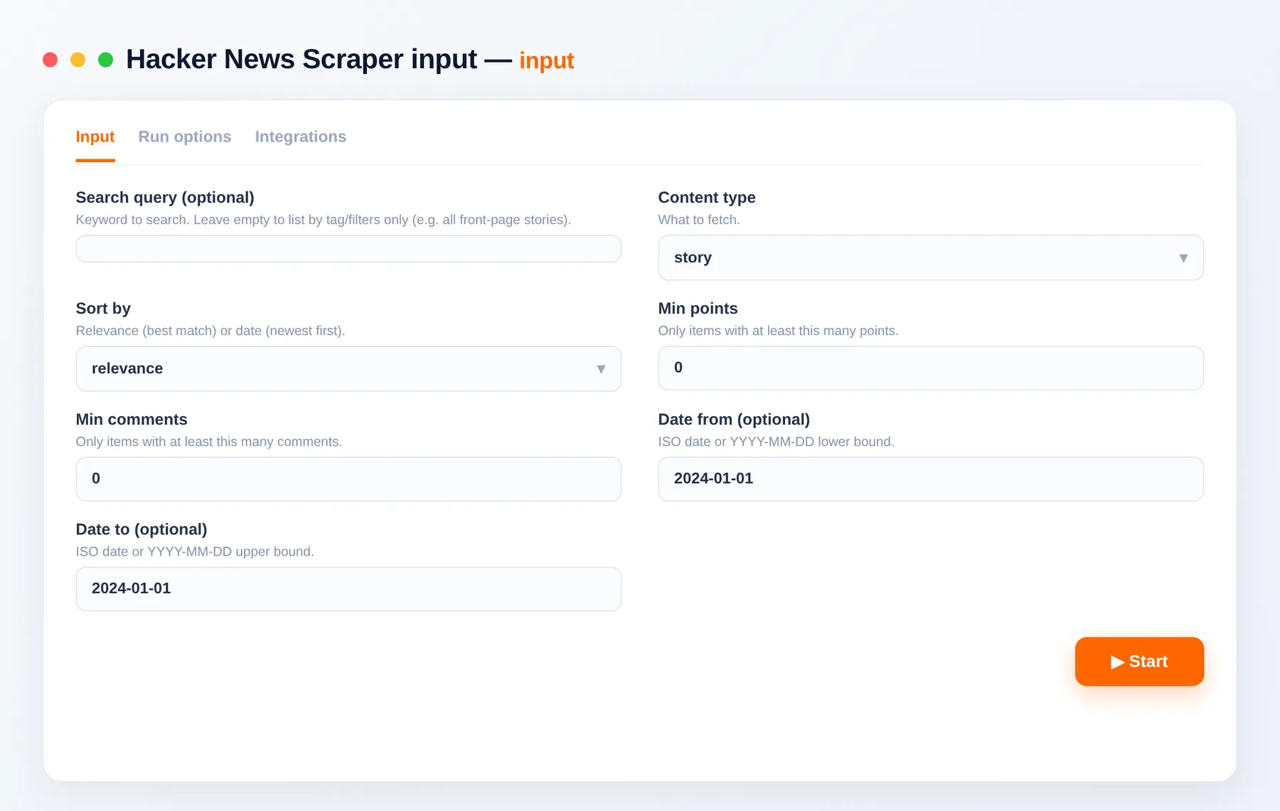 Hacker News Scraper input — query, tags and filters in the Apify Console