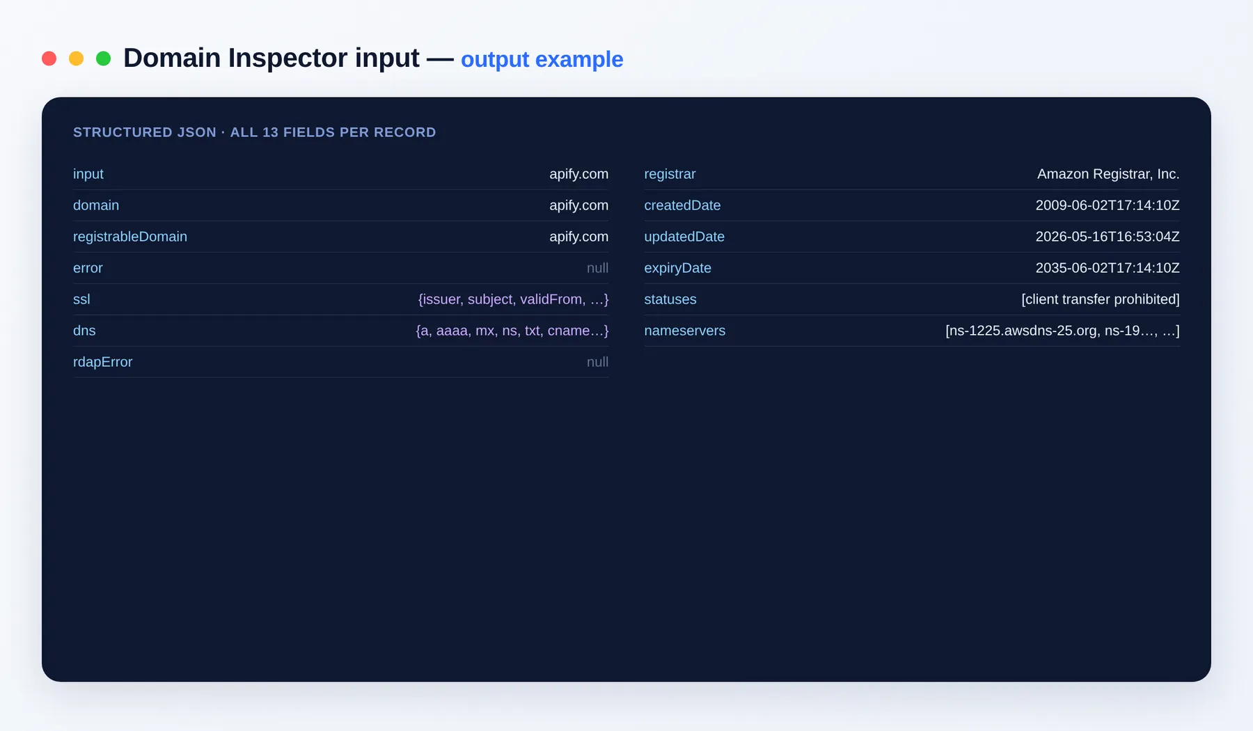 Domain Inspector output example — per-domain registrar, DNS and SSL details as structured JSON