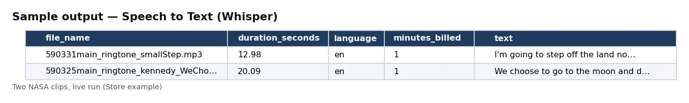 Table of transcripts: file name, duration, language, minutes billed and the start of the text.