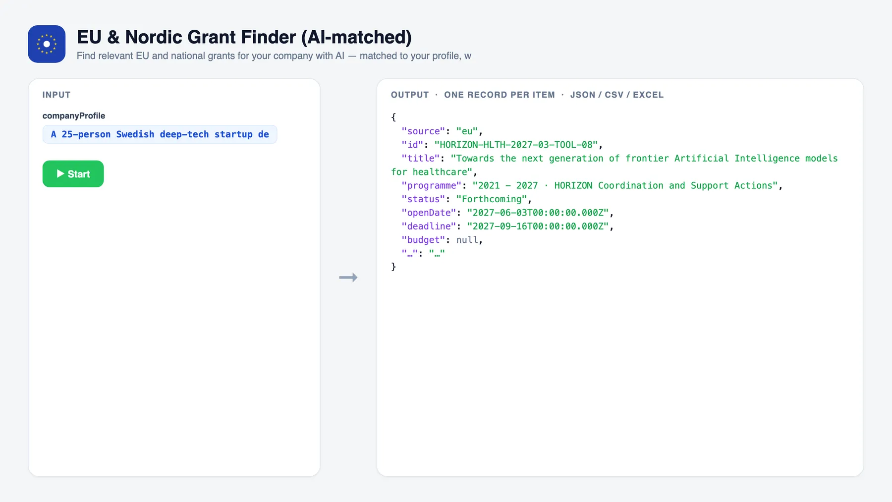 EU & Nordic Grant Finder (AI-matched) — input and sample output