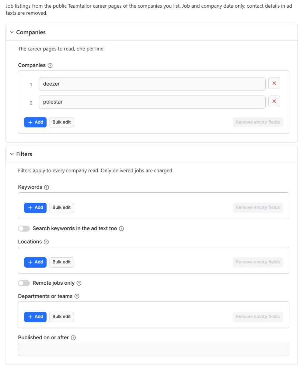 Input form of Teamtailor Jobs Scraper – Career Site Jobs by Company