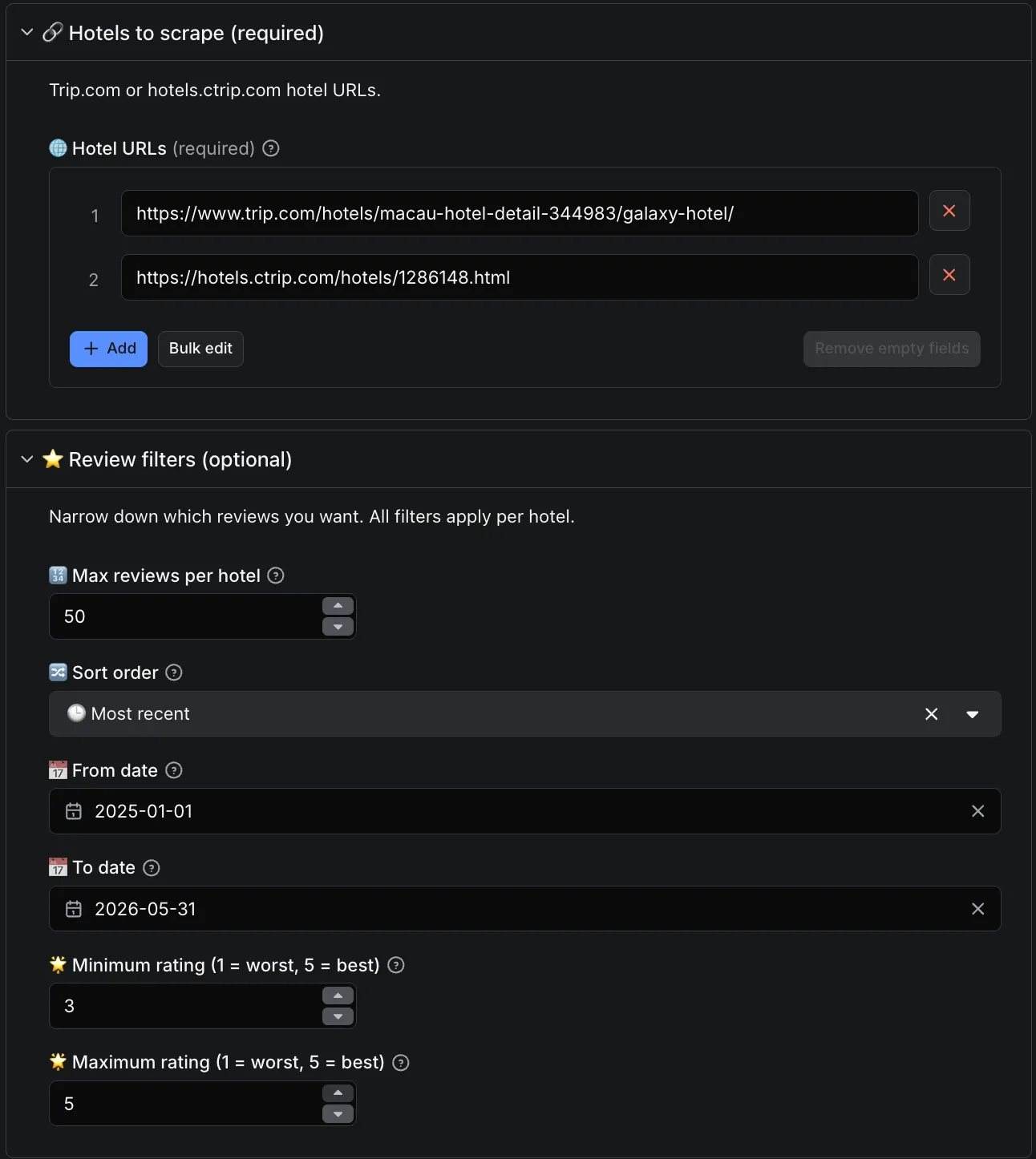 Trip.com and Ctrip Hotel Reviews Scraper input form on Apify Store with emoji-rich field titles, two prefilled demo URLs (Galaxy Macau and Beijing Sofitel), date range and rating filters, and a one-line section description above each group