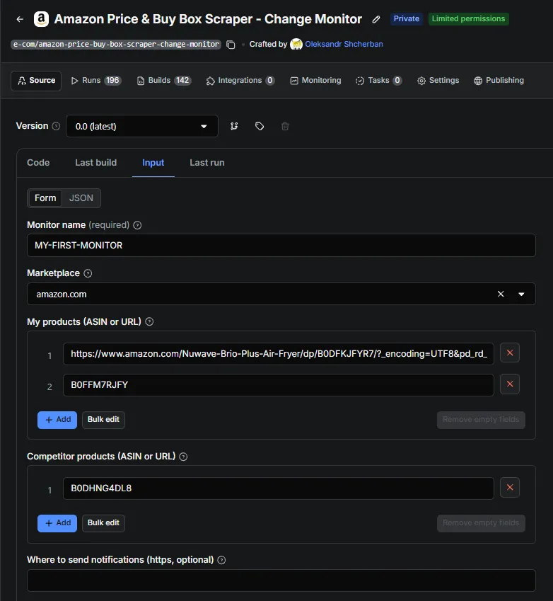 Input form: monitor name, marketplace and ASIN fields filled in