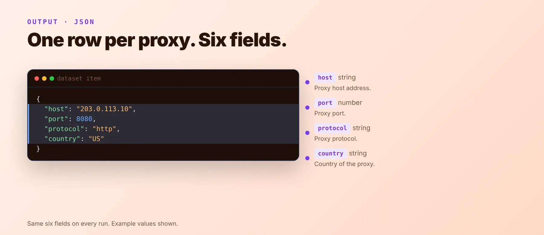 Proxy Scraper output: one row per proxy with six fields