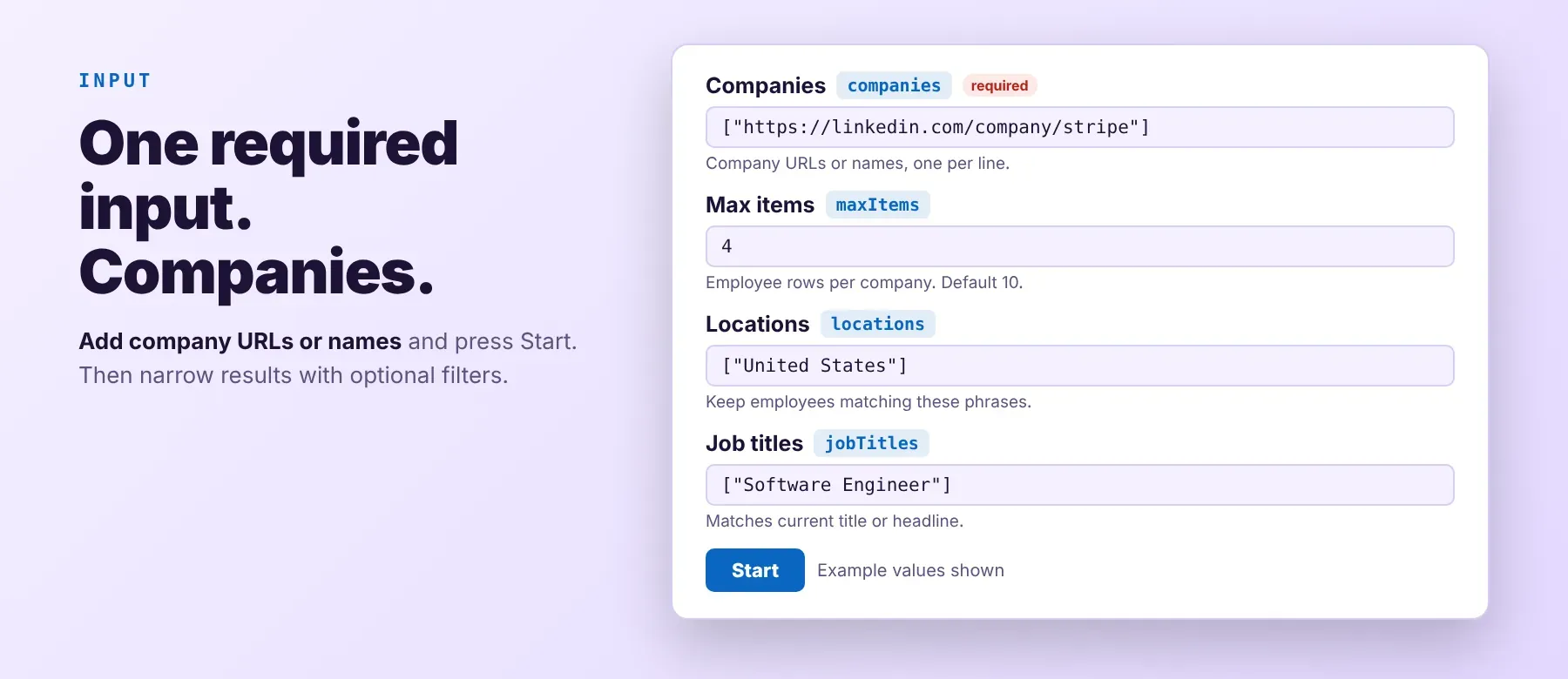 LinkedIn Company Employees Scraper input: companies, max items and filters