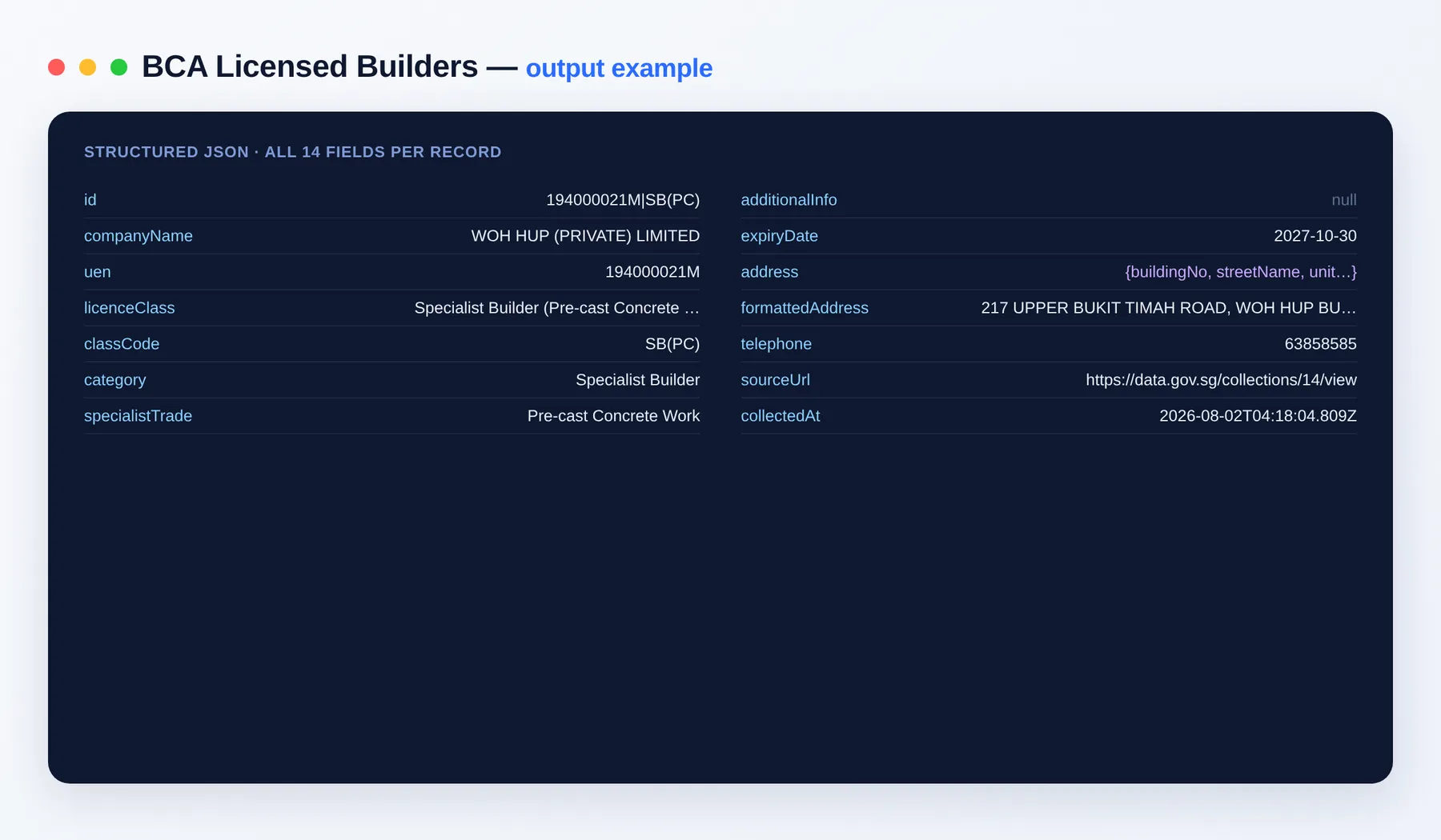 Singapore BCA Licensed Builders Scraper output example โ builder licences with UEN, class and address as structured JSON