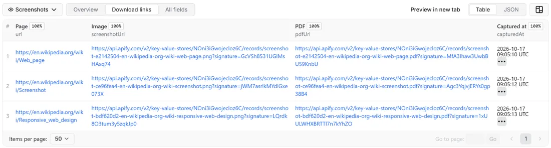 Results of Website Screenshot API: Full-Page PNG, JPEG and PDF Captures in the Apify dataset view
