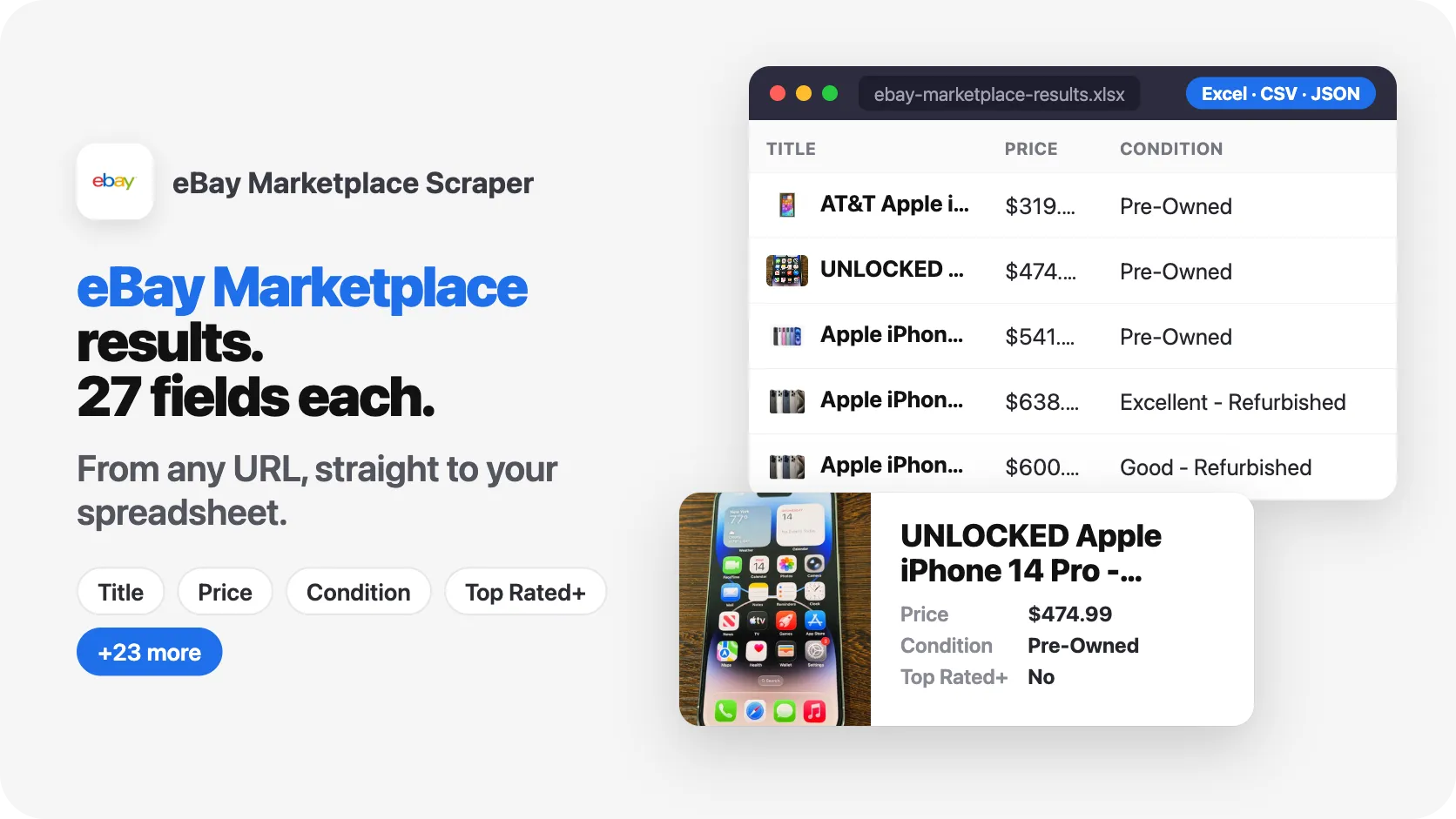 1 URL. 50 eBay Marketplace results. 22 fields per result.