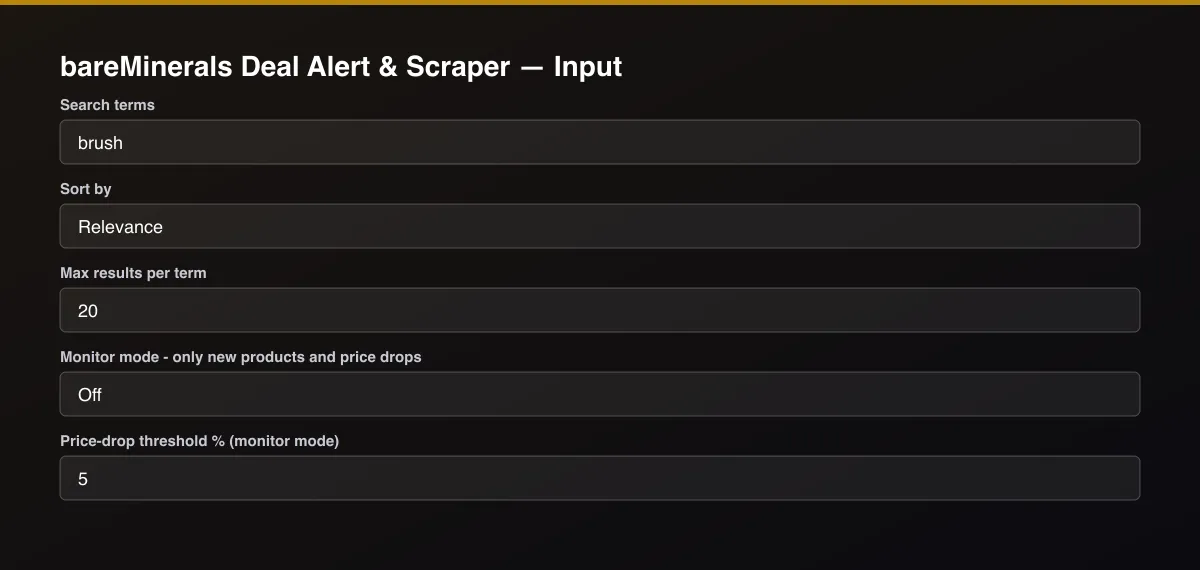 bareMinerals Deal Alert & Scraper input form