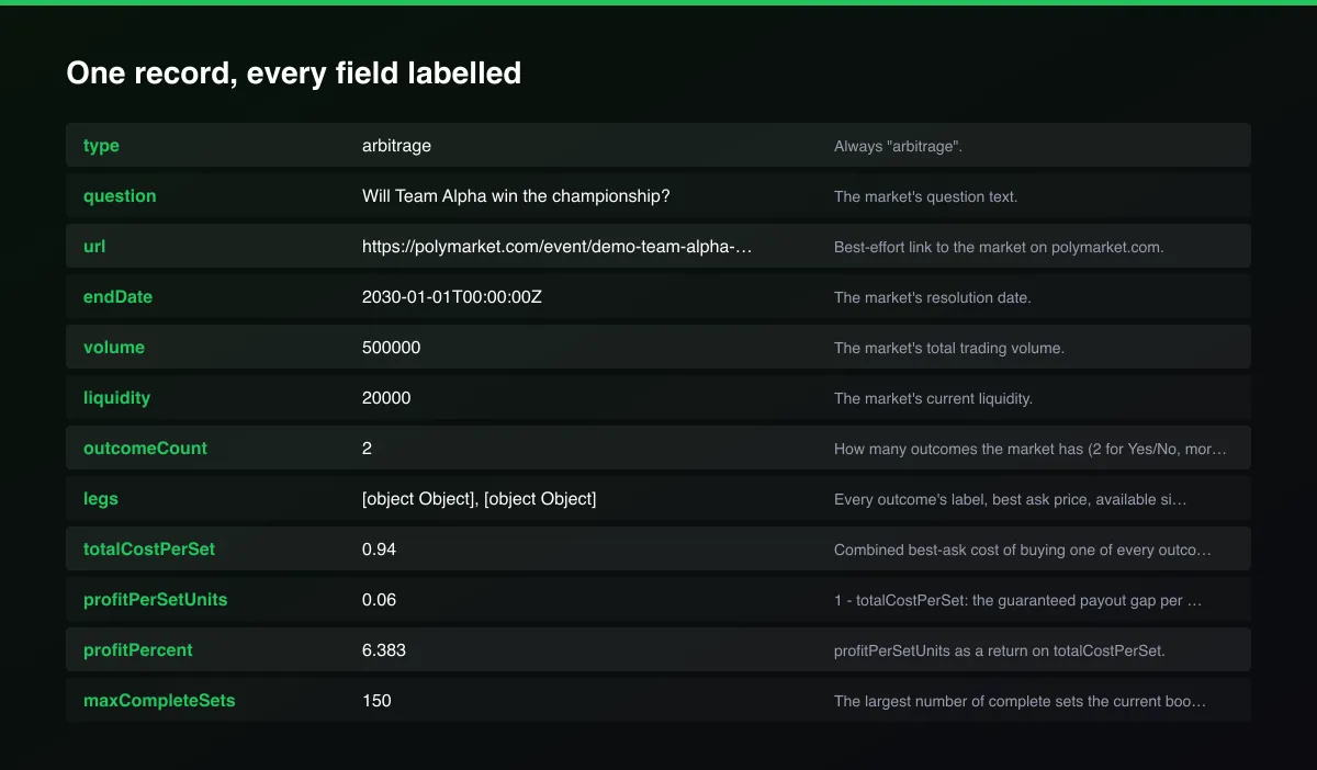 Polymarket Arbitrage Finder: Dutch-Book Scanner field map of one record
