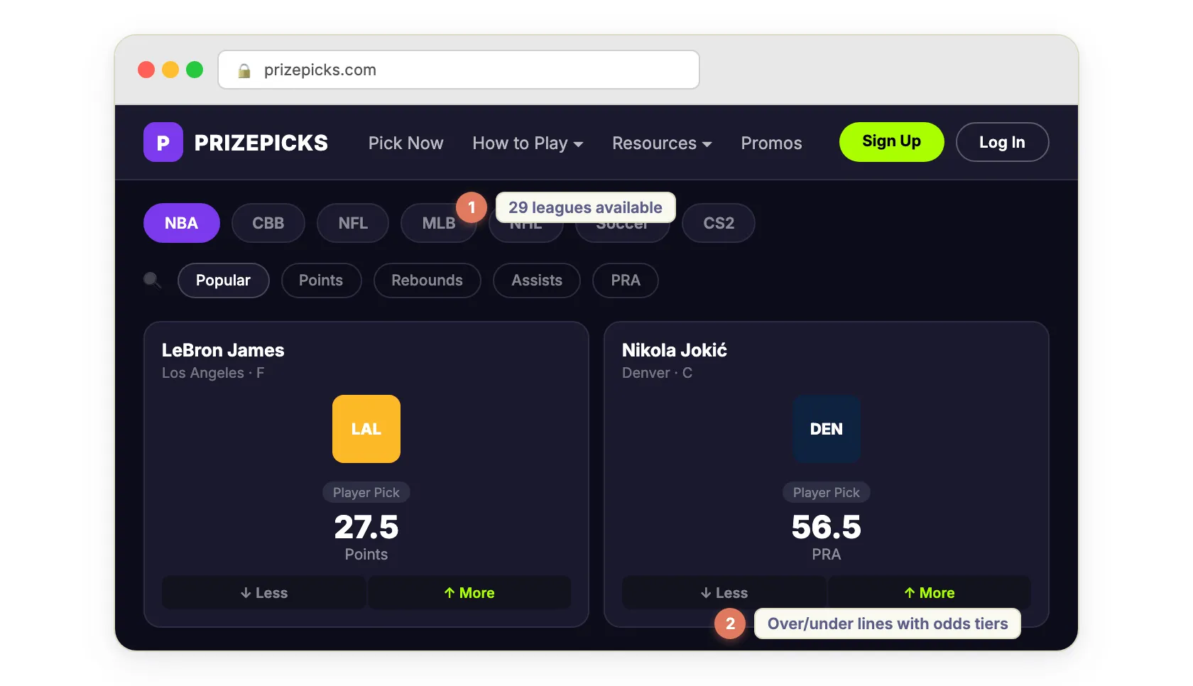 PrizePicks — player prop lines across 29 leagues