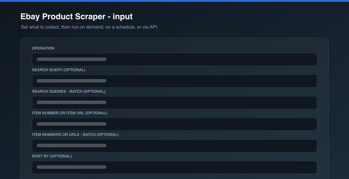 Ebay Product Scraper input options
