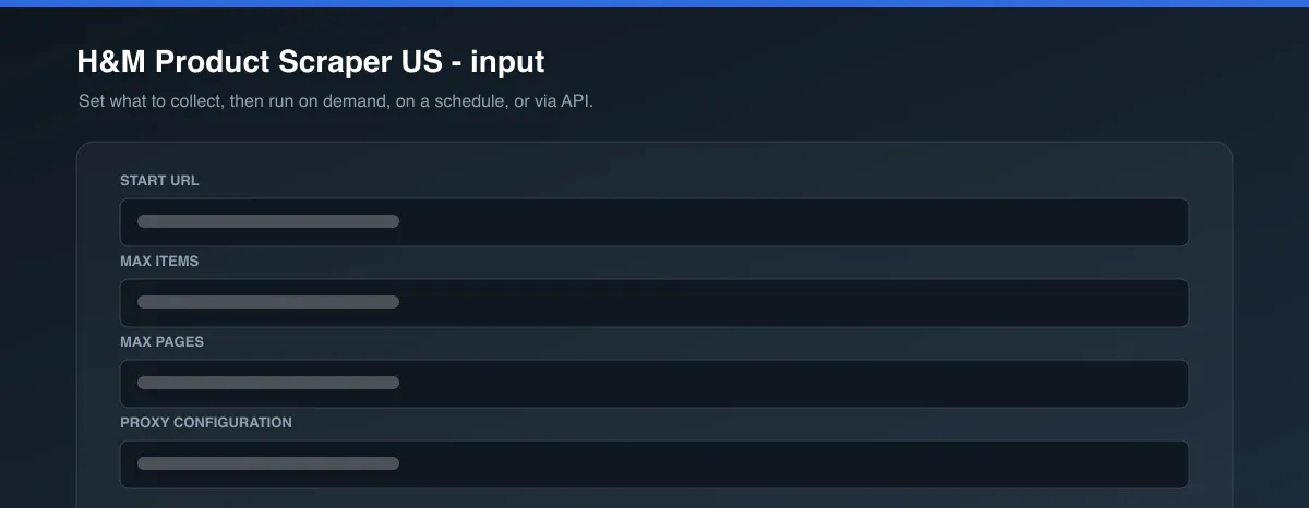 H&M Product Scraper US input options