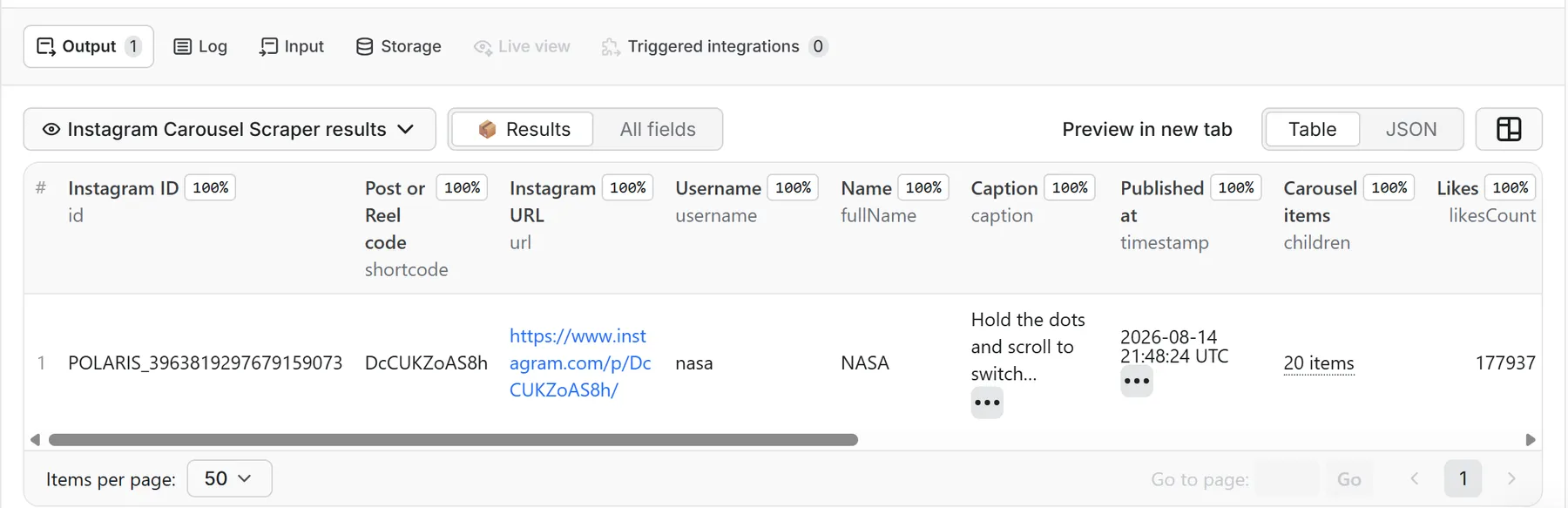 Instagram bio links and profile data in an Apify dataset