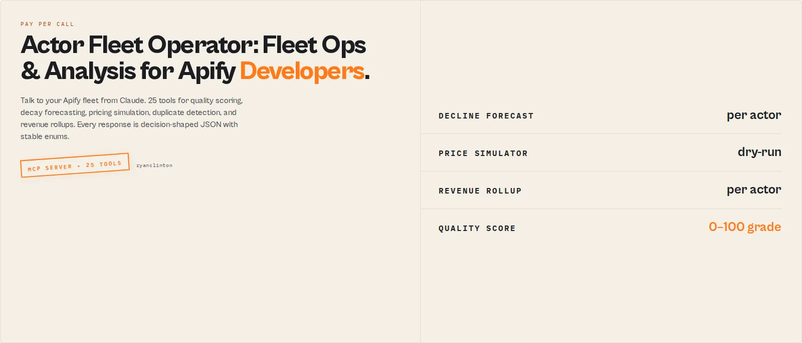 Decline forecast per actor, price simulator dry-run, revenue rollup per actor, quality score 0–100 grade. Pay per call.