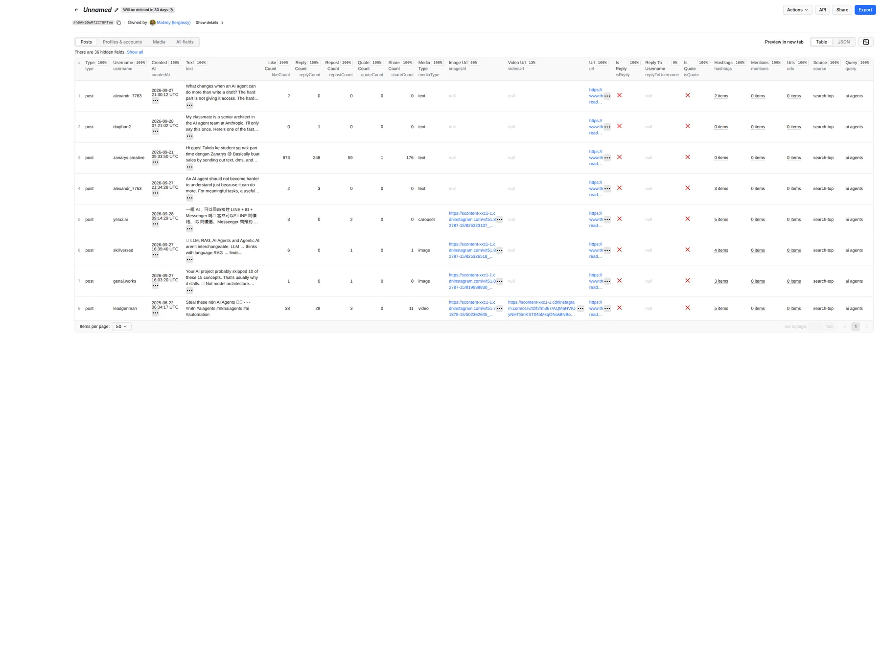 Search mode: eight posts for the keyword “ai agents” with engagement counts, media and the query that found them