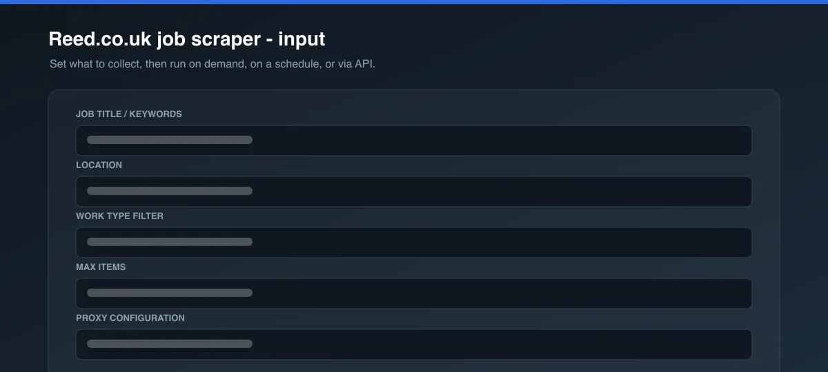 Reed.co.uk job scraper input options