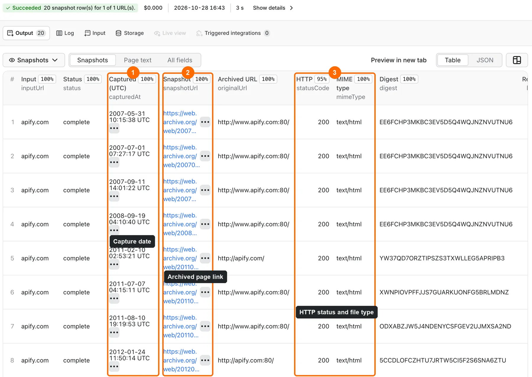 Output table: Snapshots view of the prefill run with capture date, archived link and HTTP status columns