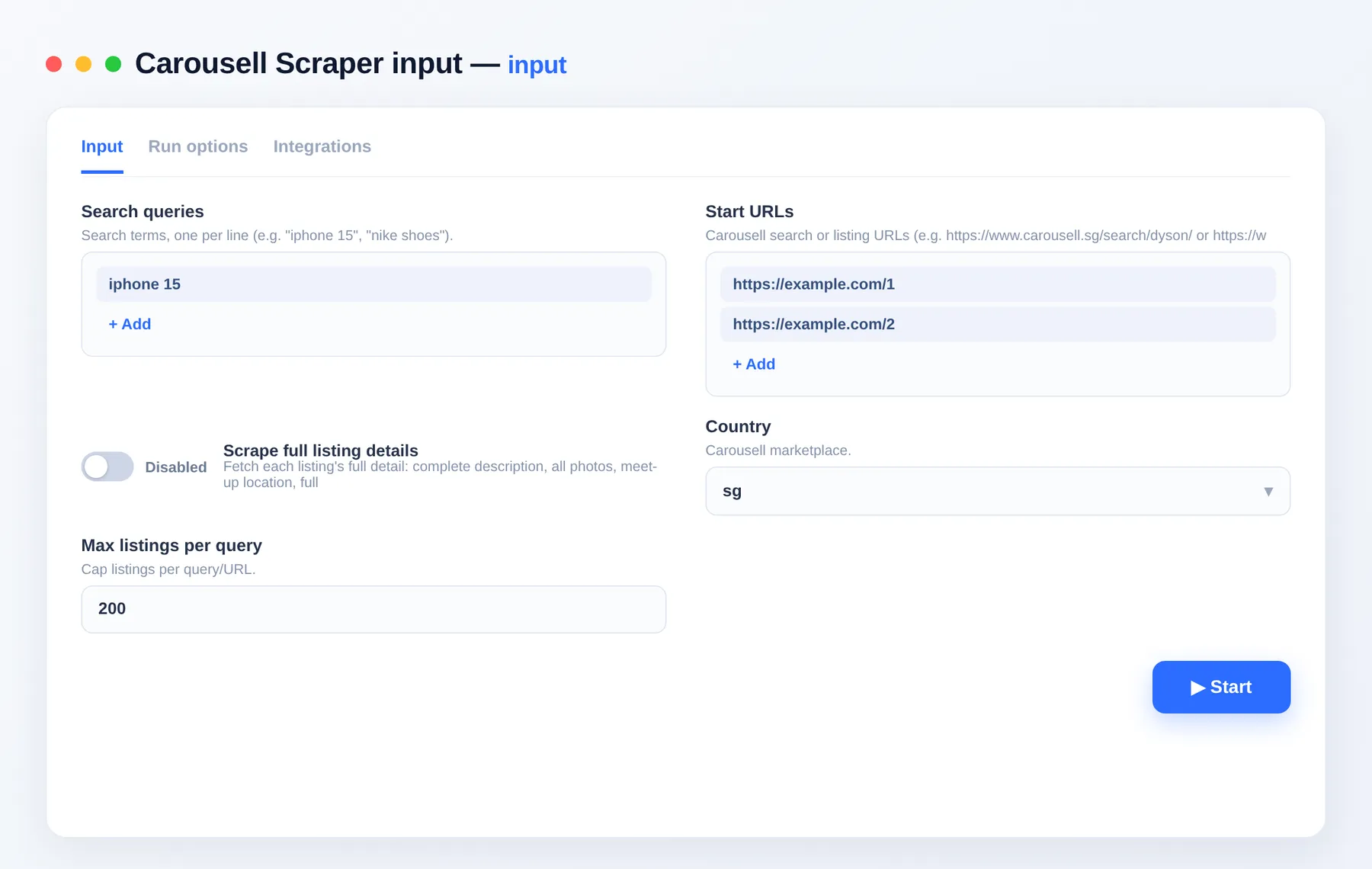 Carousell Scraper input — search queries, country and detail toggle in the Apify Console
