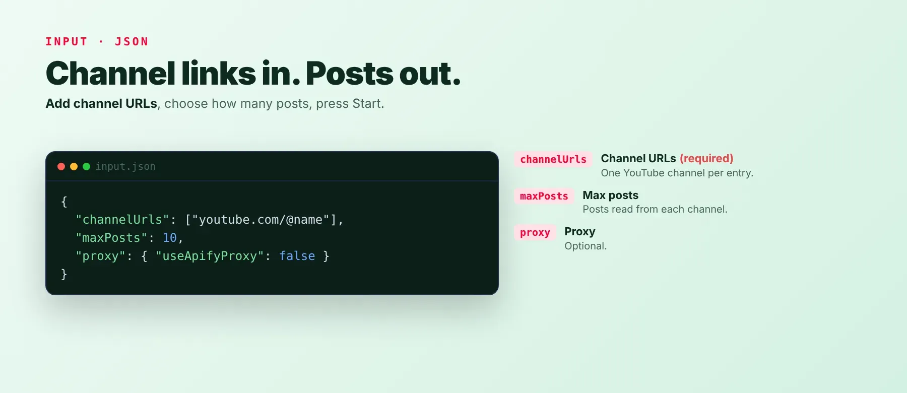 YouTube Community Posts Scraper input: channel URLs, max posts and proxy