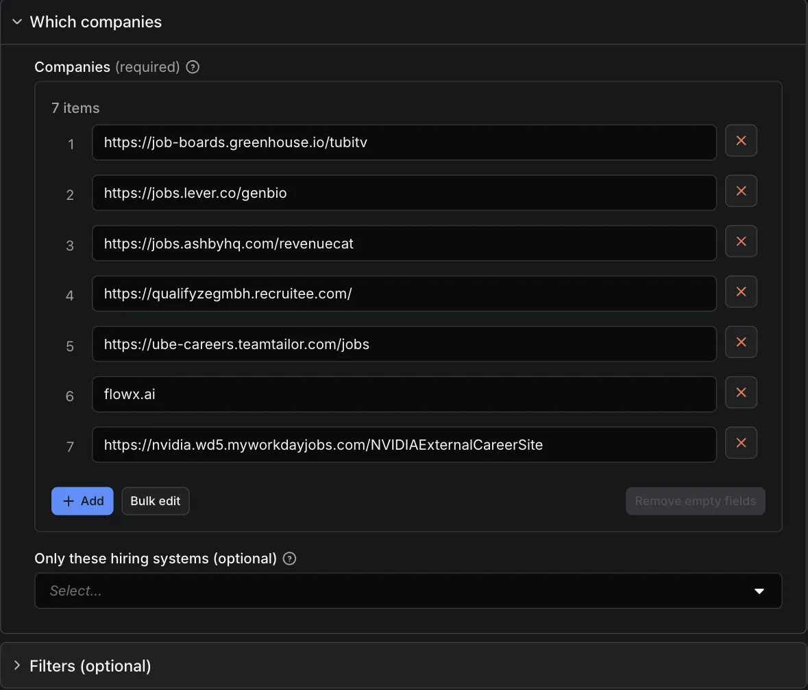 Greenhouse, Lever & Ashby Jobs input form: a list of job-board URLs, careers pages, domains or company names
