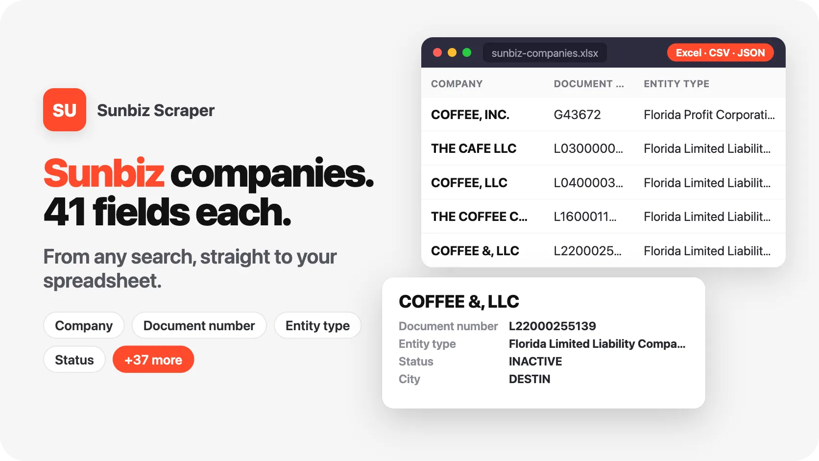 Sunbiz companies, 41 fields each, from any search.