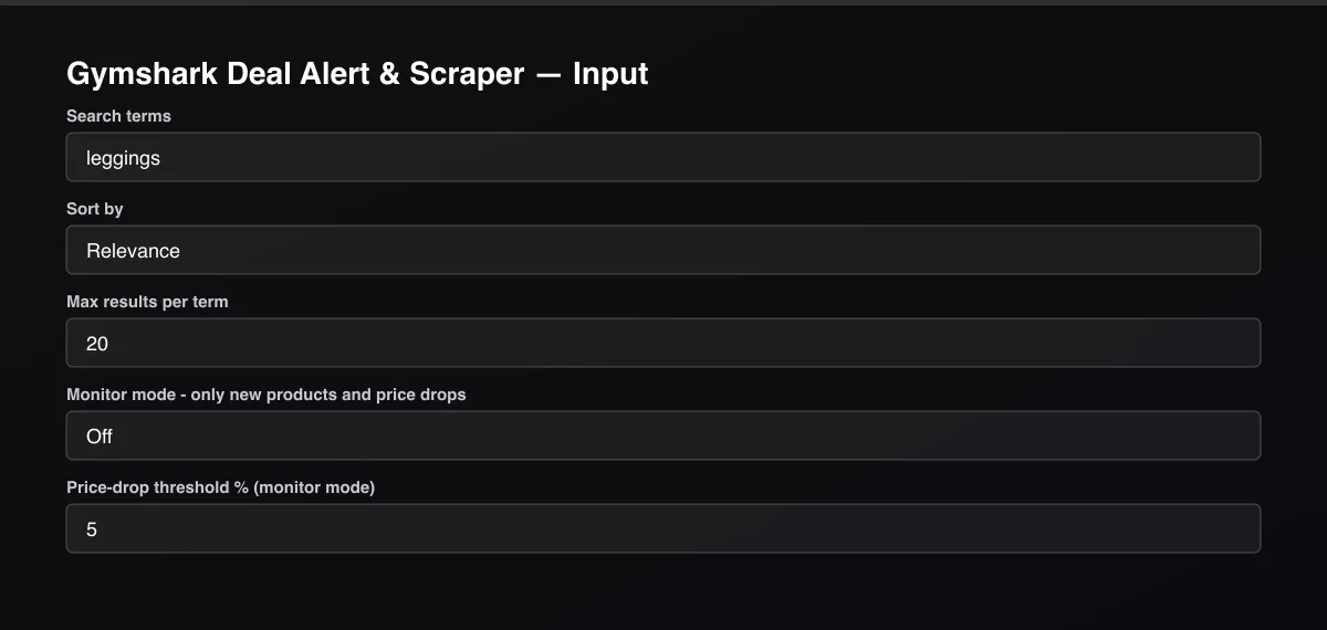 Gymshark Deal Alert & Scraper input form