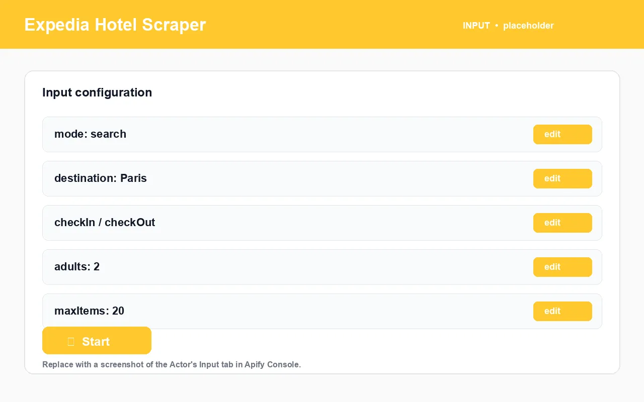 Expedia Hotel Scraper input configuration panel