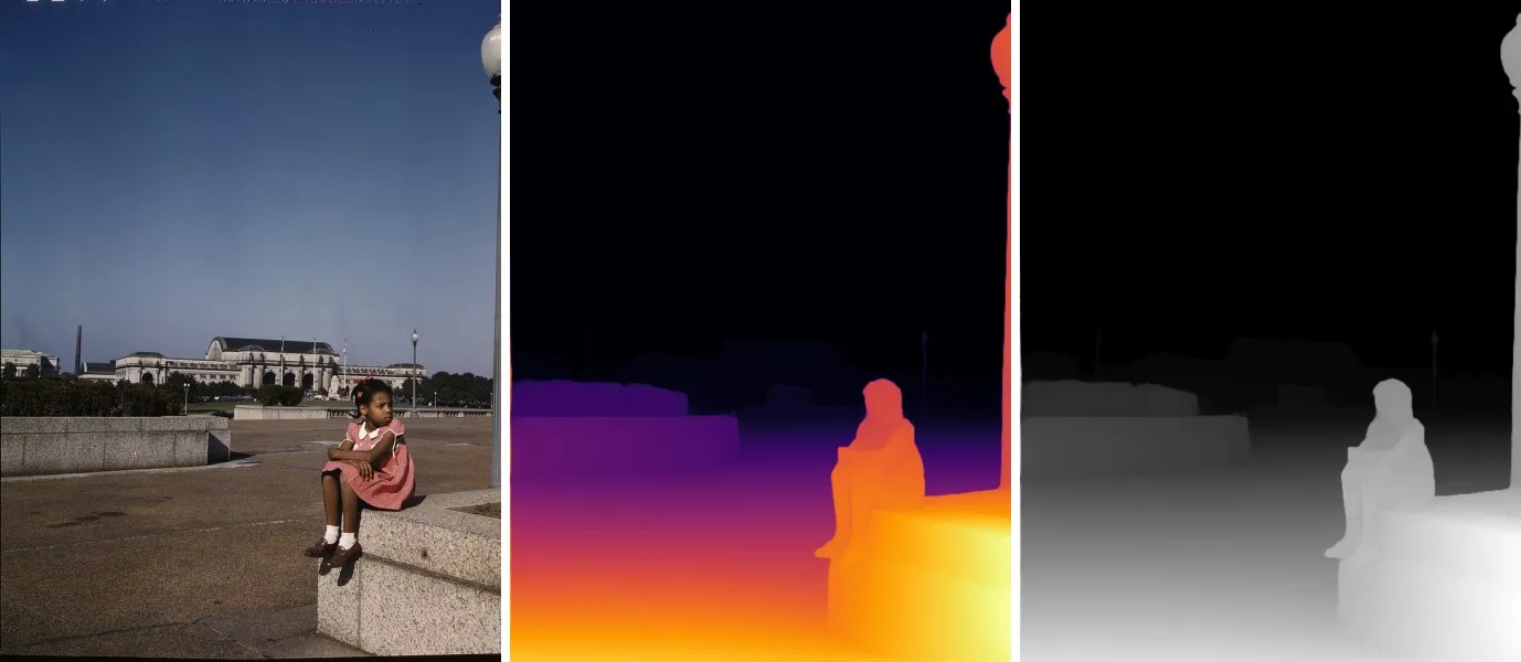 A girl sitting on a wall with Union Station in the background, with its depth maps